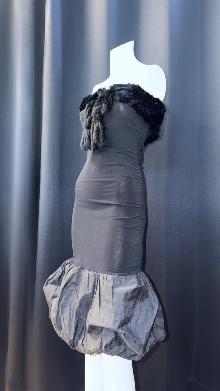 Vintage strapless evening dress with faux fur neckline & balloon hem