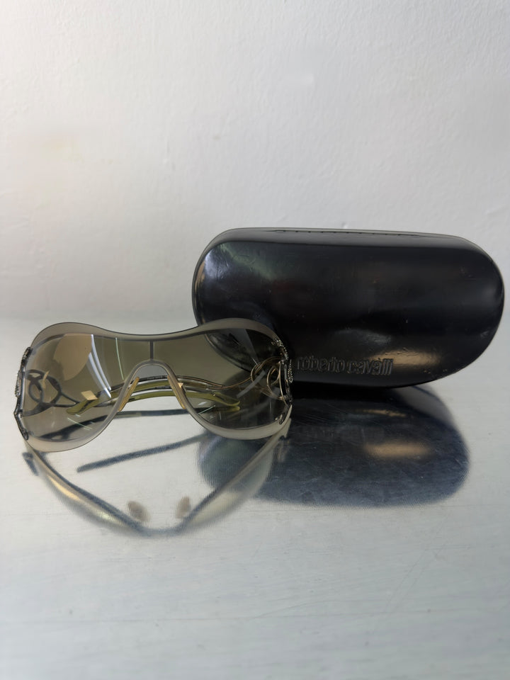 Roberto Cavalli vintage cicno rc223s shield sunglasses grey gradient serpent crystal y2k