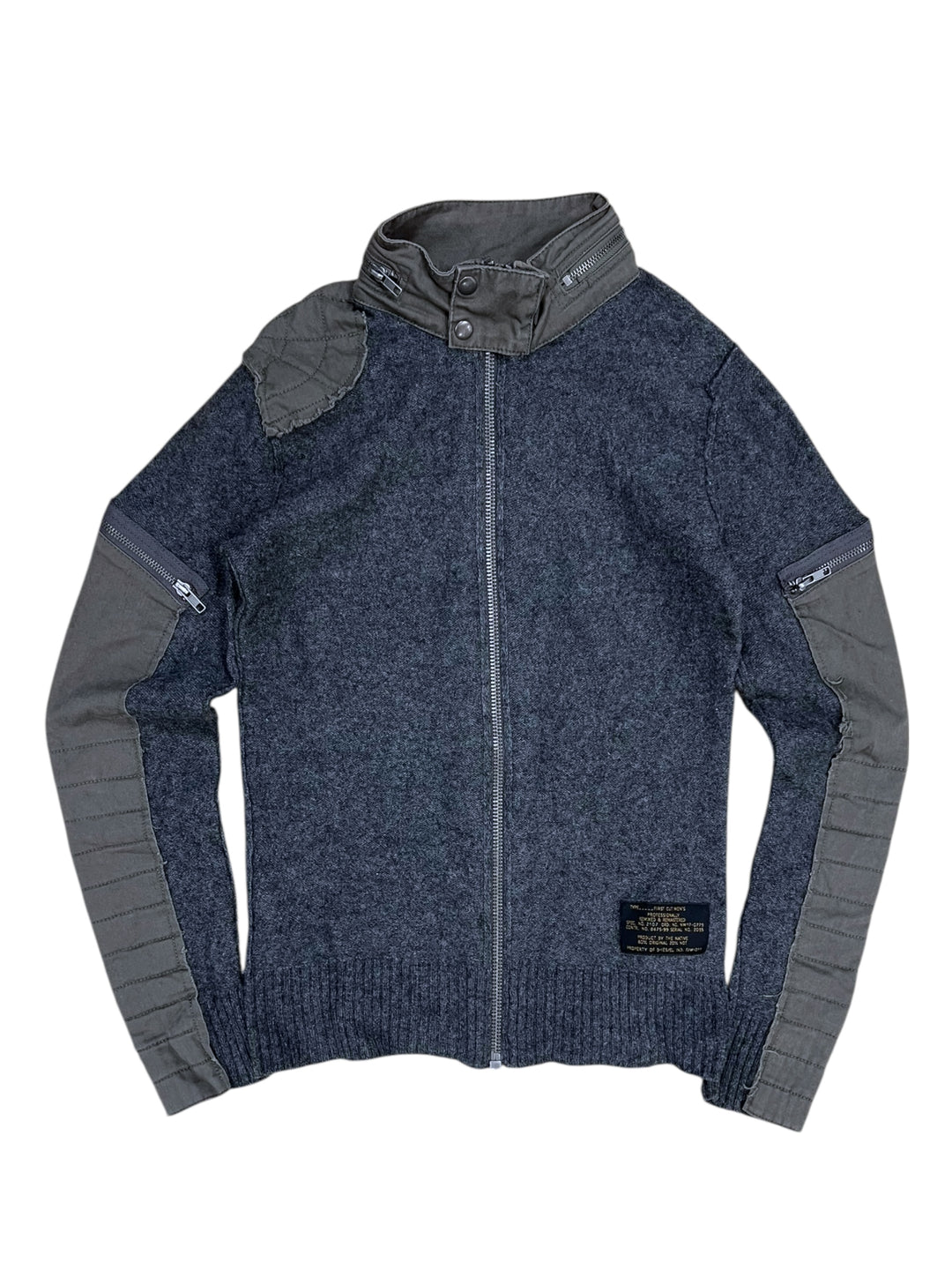 Diesel Military-Inspired Grey Knit & Cotton Panel Zip-Up Jacket Medium Slim Fit