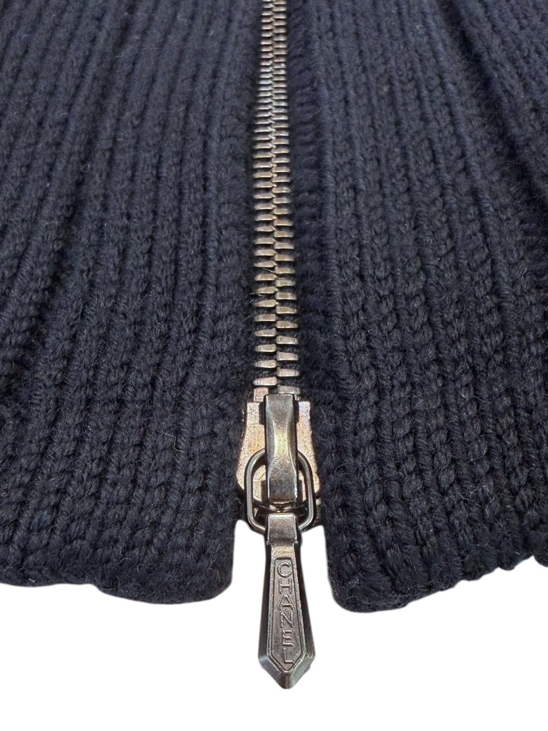 CHANEL Identification ribbed wool zip off-shoulder top