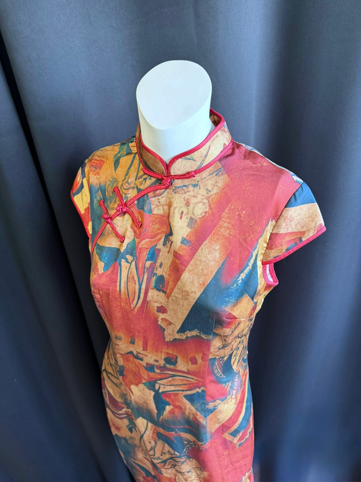 Vintage abstract-print qipao mini dress medium