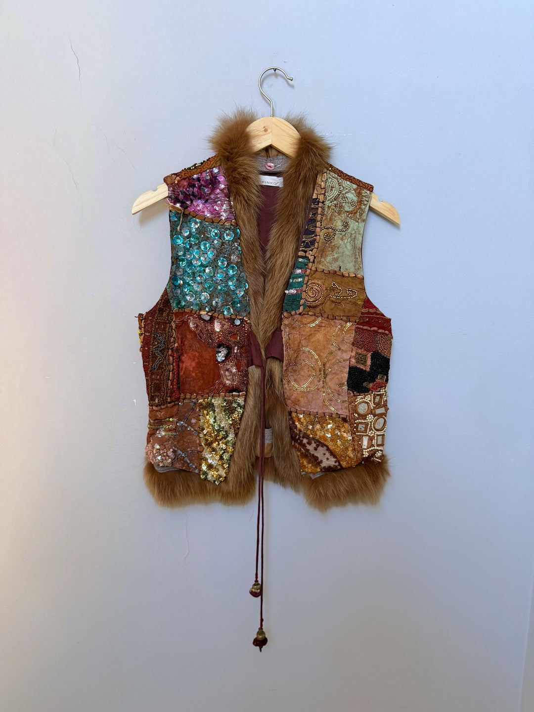 Pinko Laborioso Embroidered Patchwork Fur-Trim Vest S-M