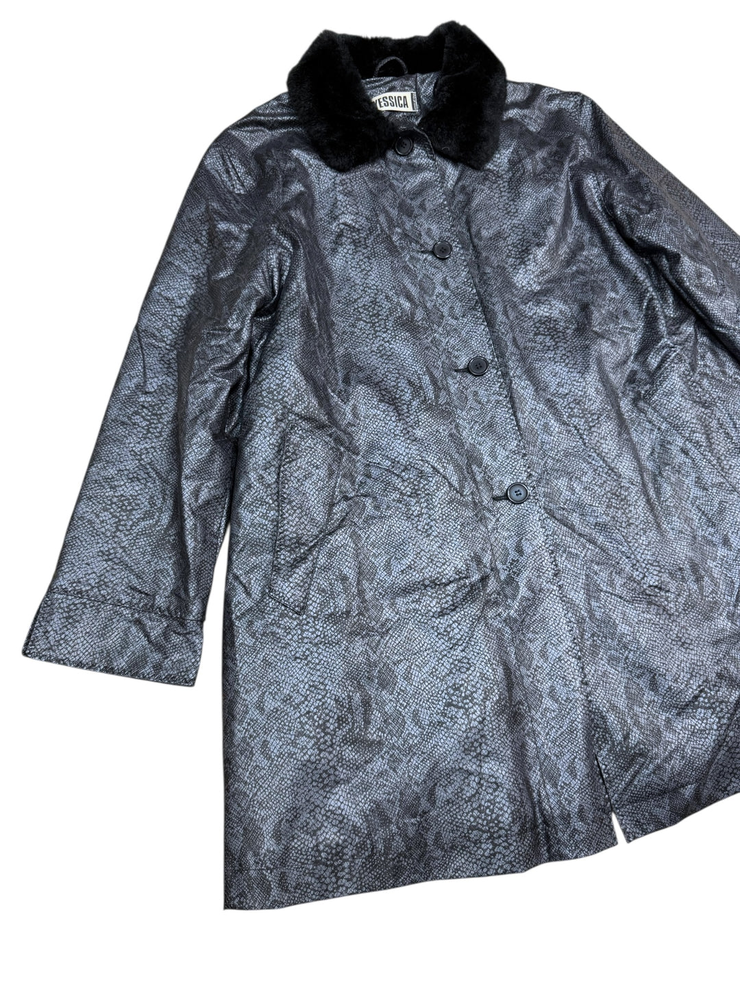 Yessica ‘Serpent Noir’ faux leather coat with fur collar women’s large