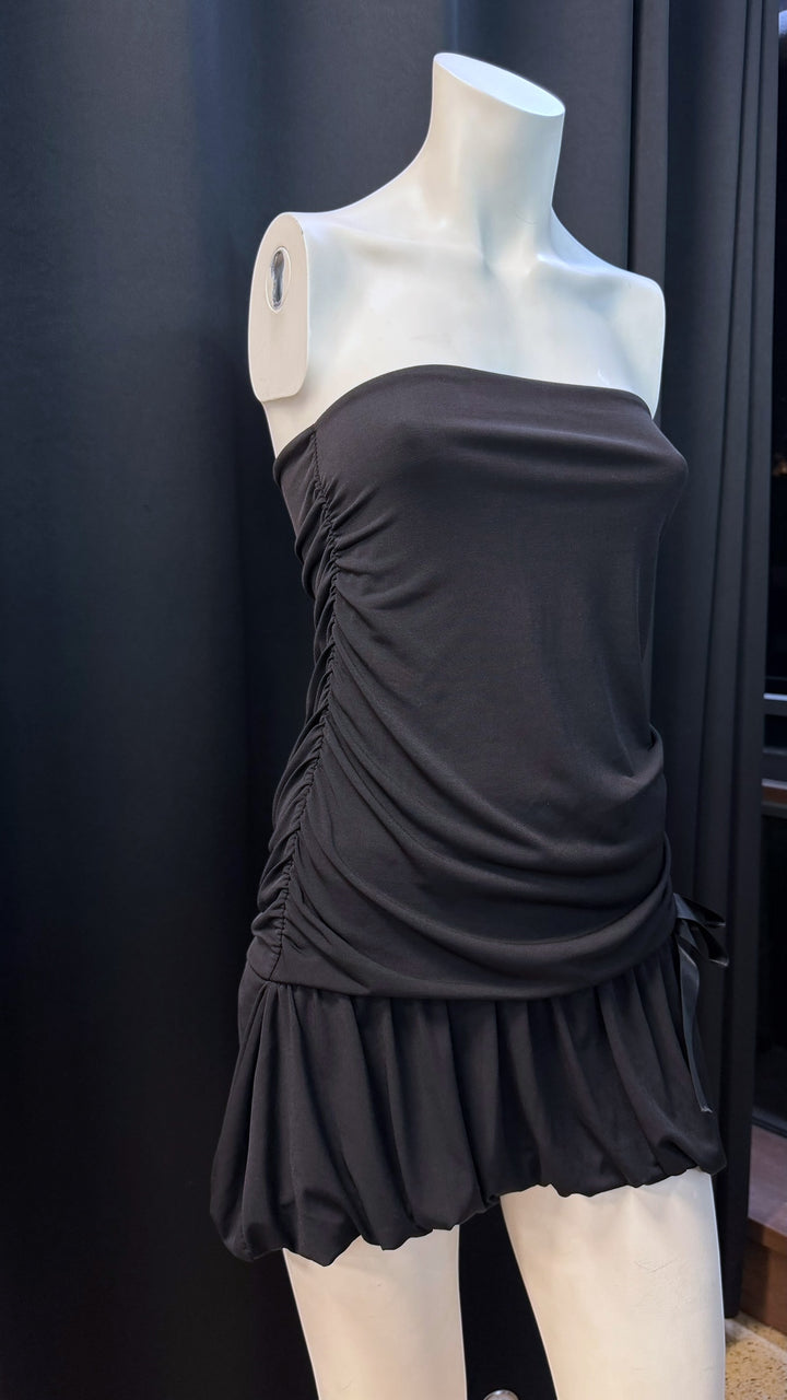 Vintage strapless mini dress with ruched body