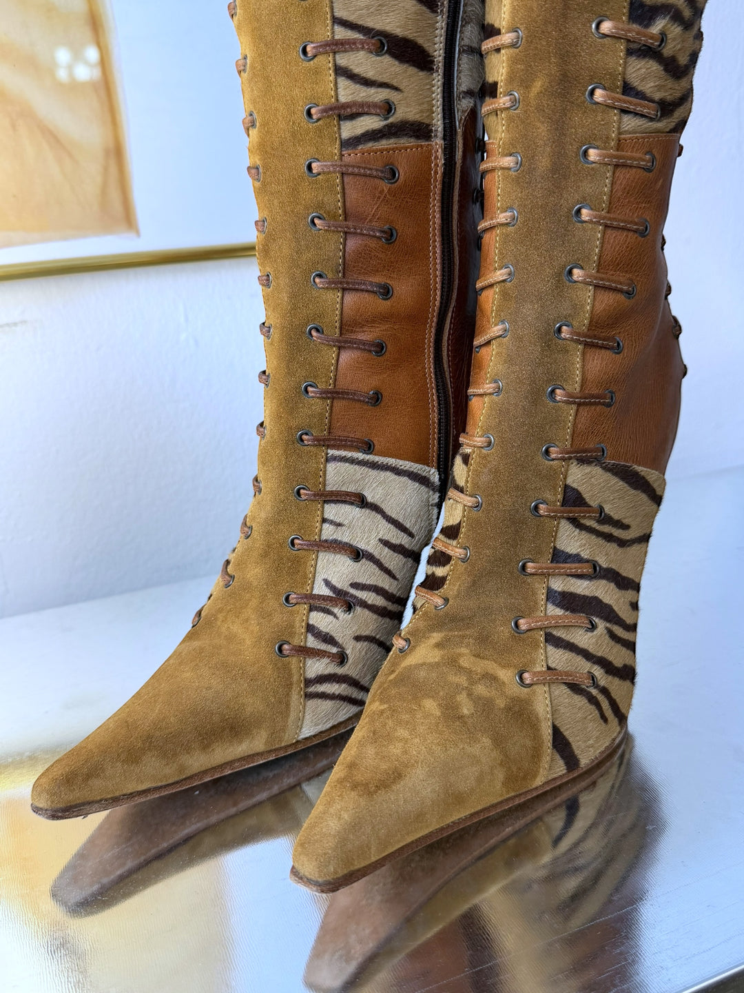 MARE 2000s lace-up leather boots with animal print panels