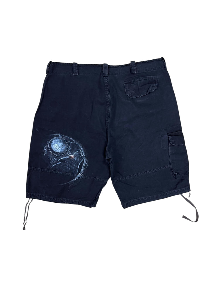 Spiral Y2K Black Cargo Shorts with Wolf Graphic Extra Large