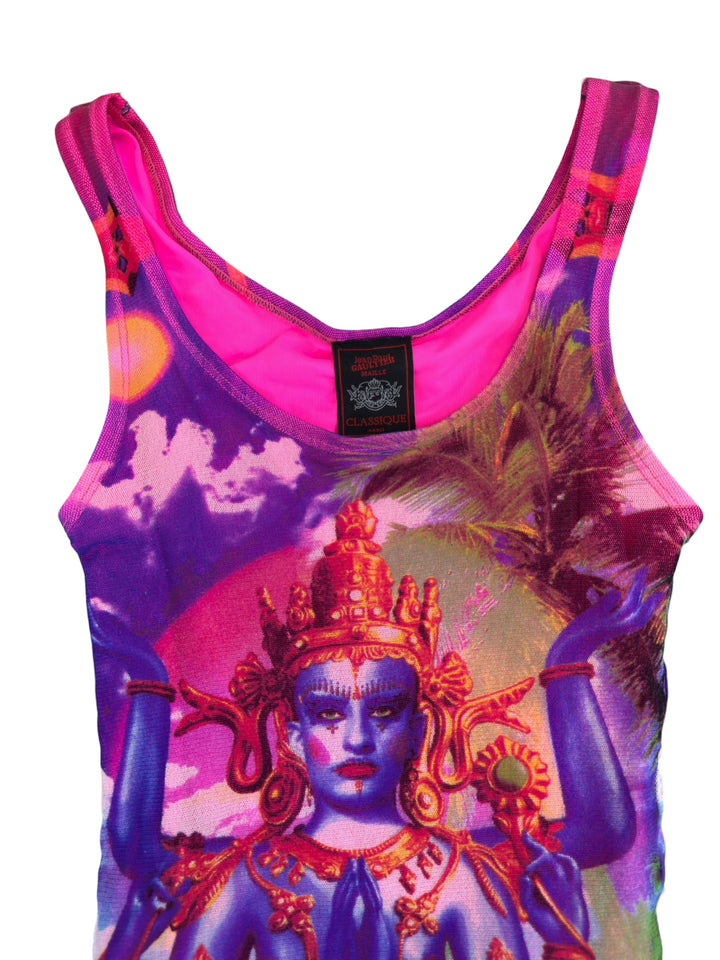 Jean Paul Gaultier 1997 Hindu Deity sheer mesh tank micro mini dress