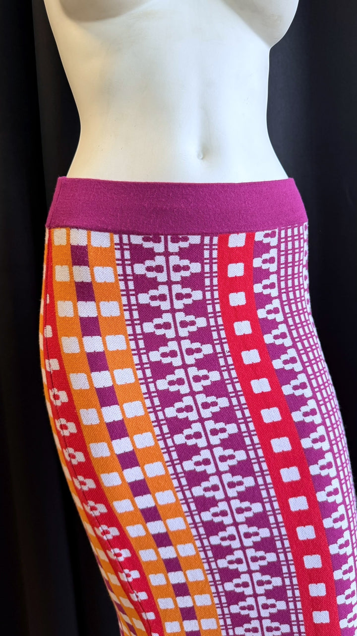 Pinko geometric knit midi skirt multicolor fringe hem small