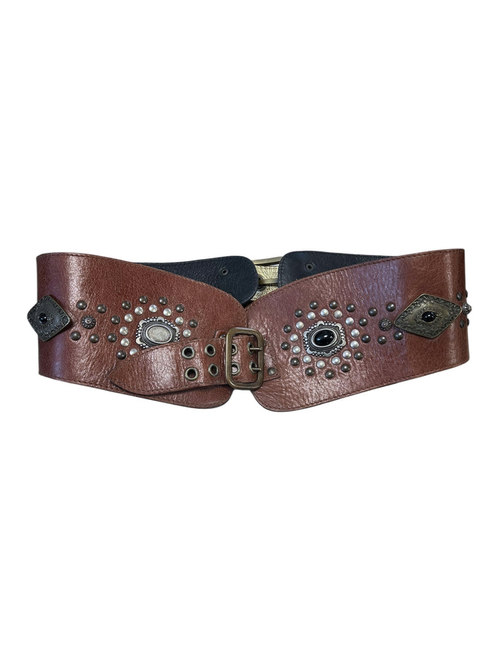 Vintage Brown Leather Belt with Studs & Gemstone Details