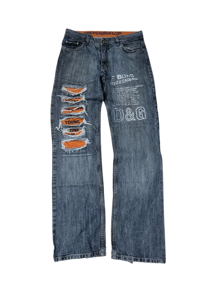 Dolce&Gabbana Statement Jeans – Orange Text Panels & Heavy Distressing – Y2K Era - Men's Large