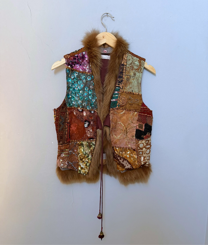 Pinko Laborioso Embroidered Patchwork Fur-Trim Vest S-M