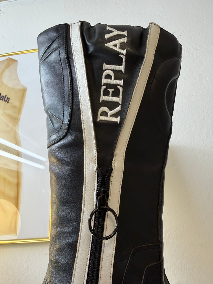 REPLAY Moto Heeled Boots 2000s Black & White Leather EU37