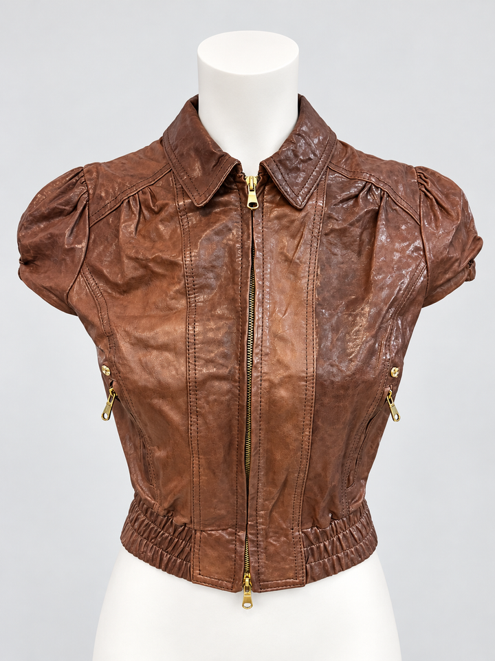 Cristinaeffe brown leather puff-sleeve jacket