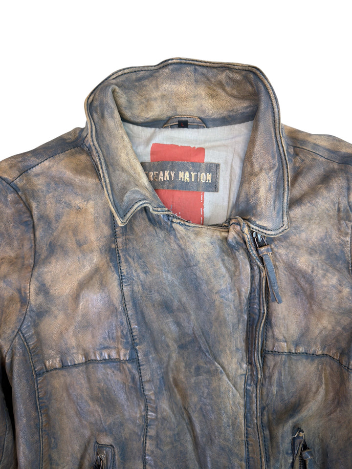 Freaky Nation distressed leather biker jacket