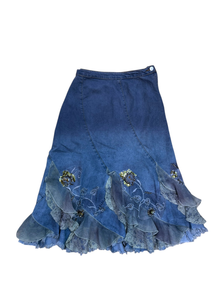 2000s embellished denim ruffle skirt (M-L)