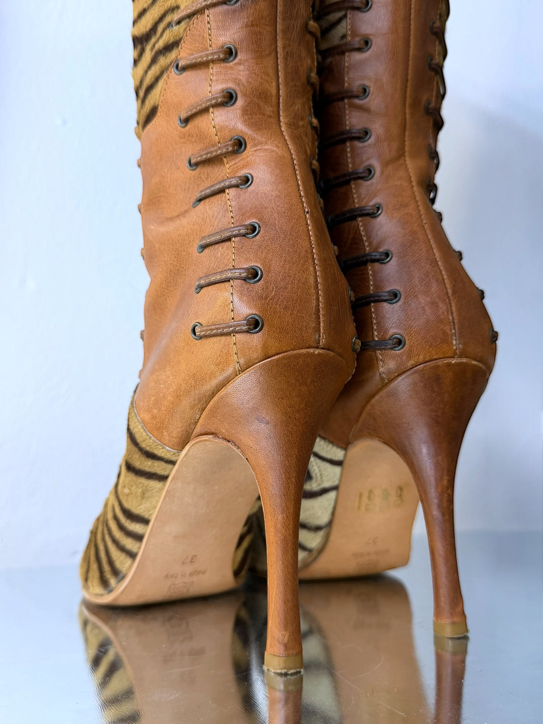 MARE 2000s lace-up leather boots with animal print panels