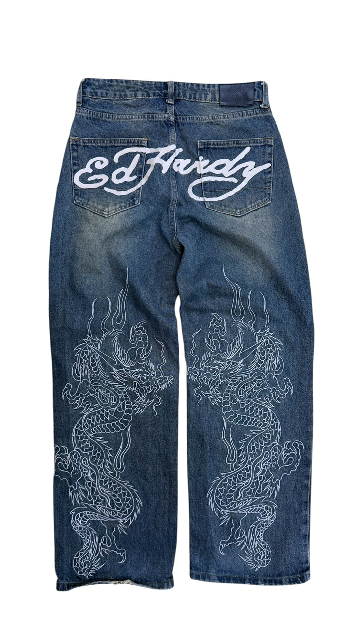 Ed Hardy x Urban Outfitters dragon print wide leg jeans XS