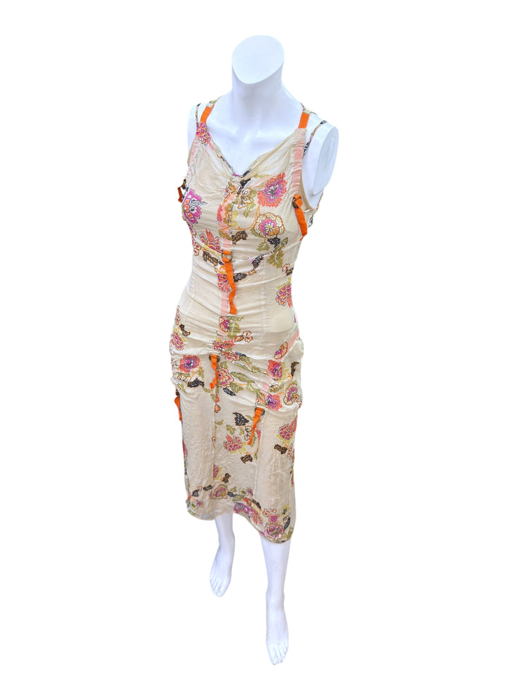 Vintage floral silk ruched midi dress