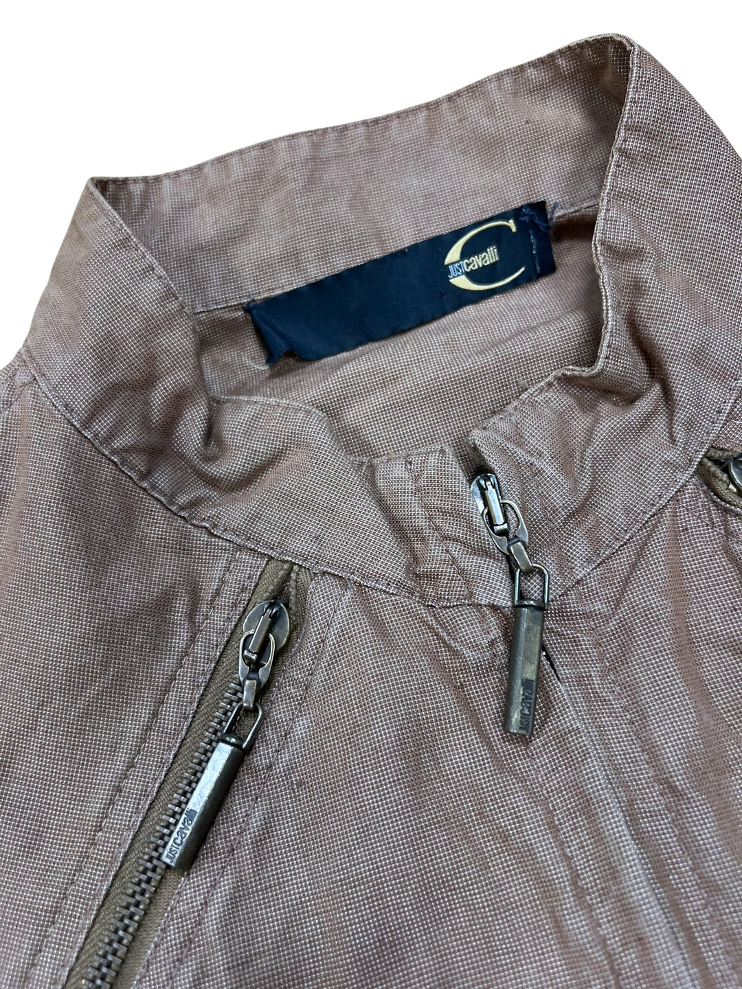 Just Cavalli Linen Brown Lightweight Zip-Up Jacket Medium