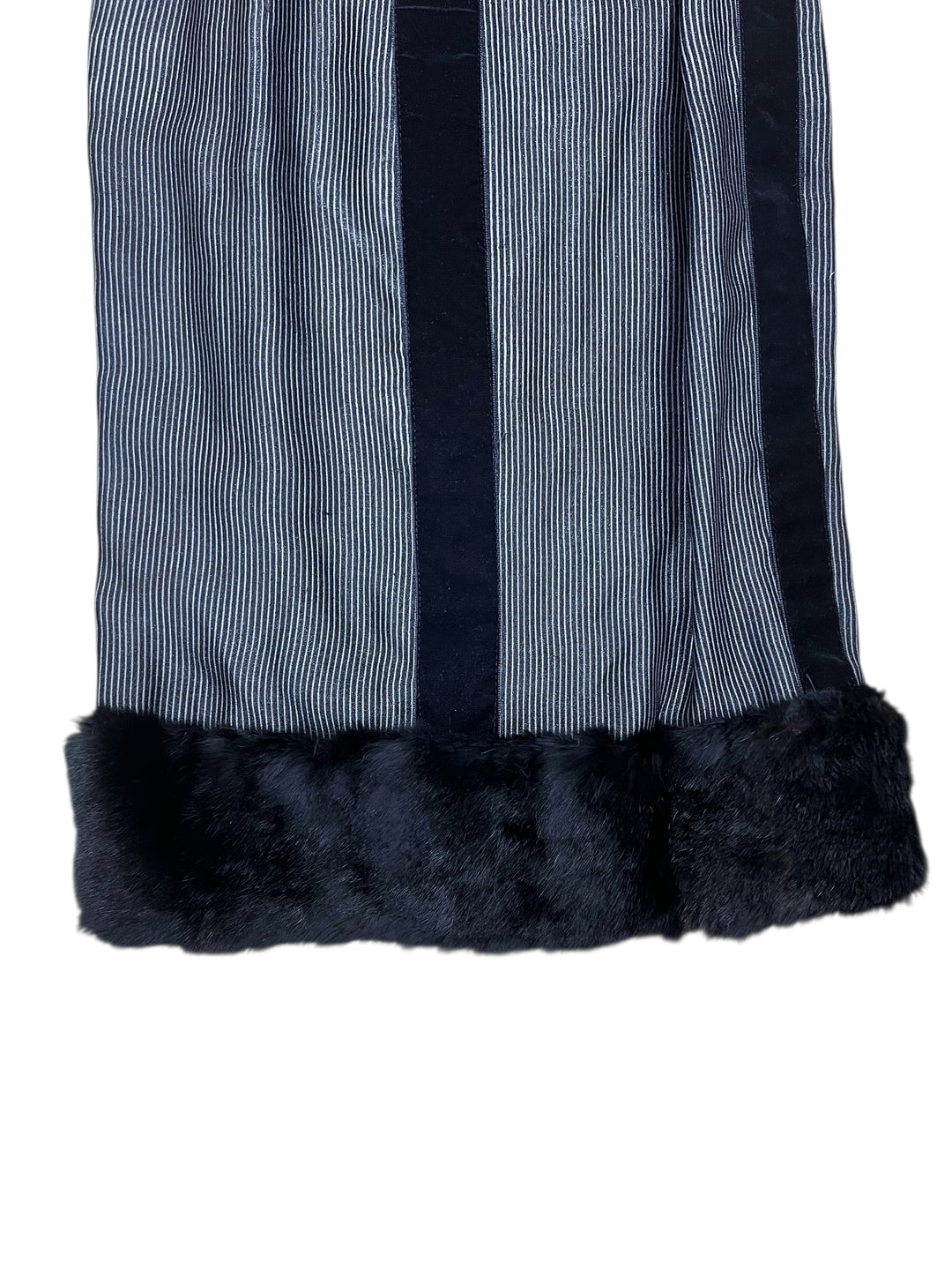 Vintage Pinstripe Slip Dress with Faux Fur Hem S/M