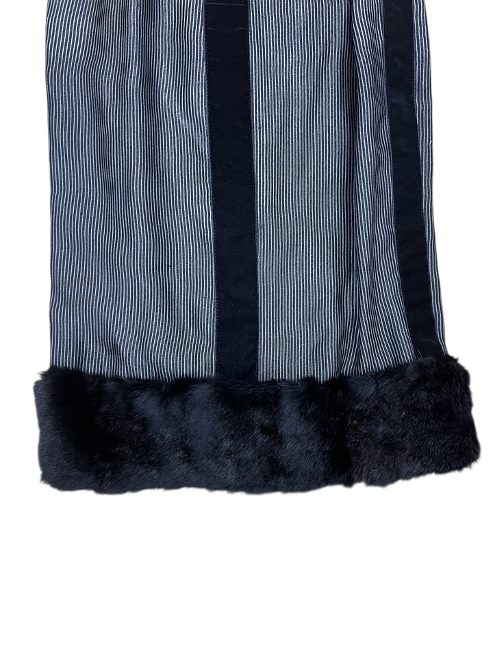 Vintage Pinstripe Slip Dress with Faux Fur Hem S/M