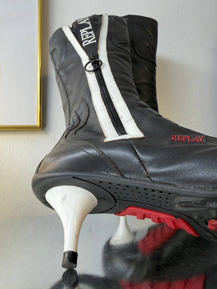 REPLAY Moto Heeled Boots 2000s Black & White Leather EU37
