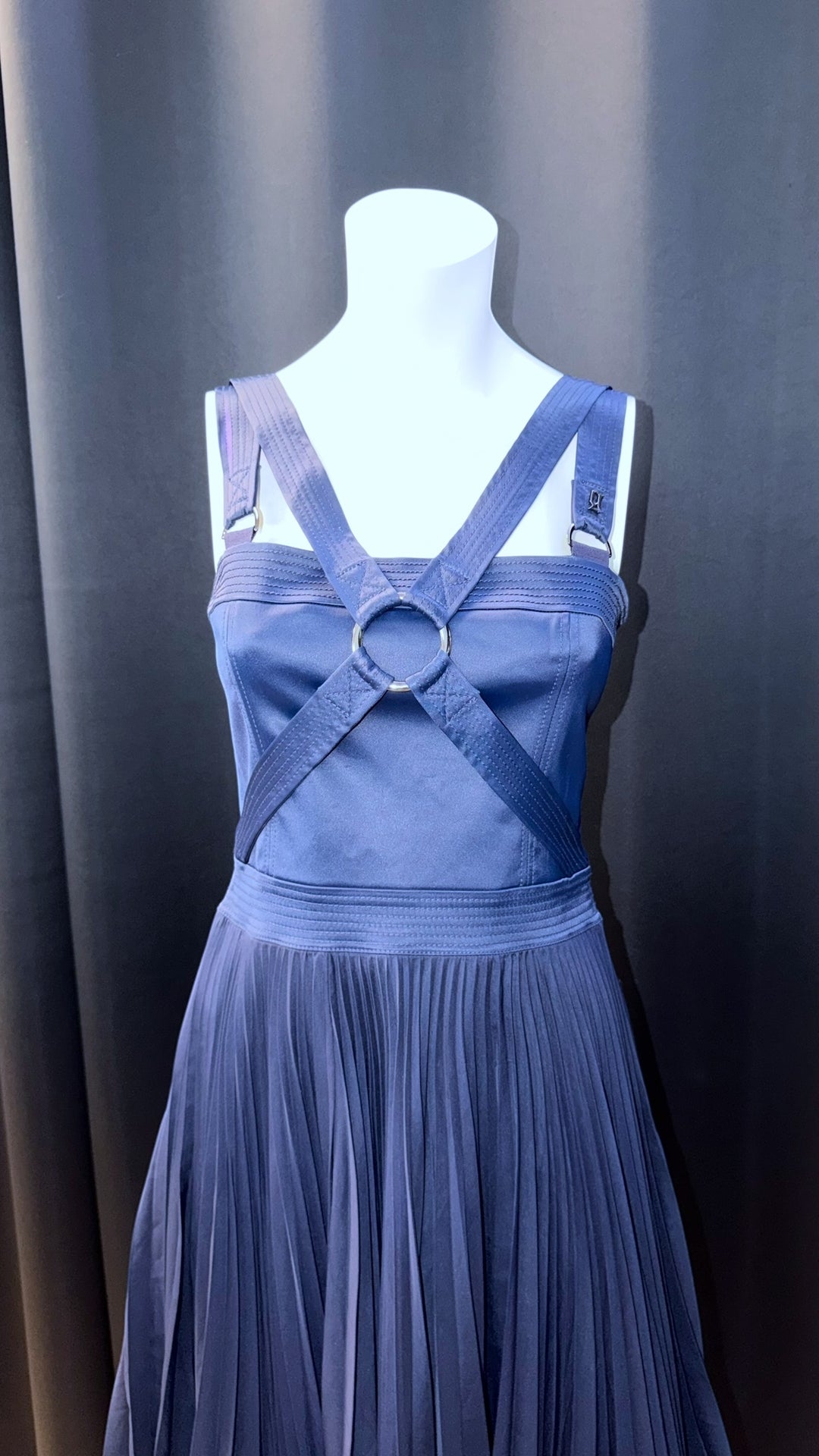 Galliano navy pleated mini dress with harness straps