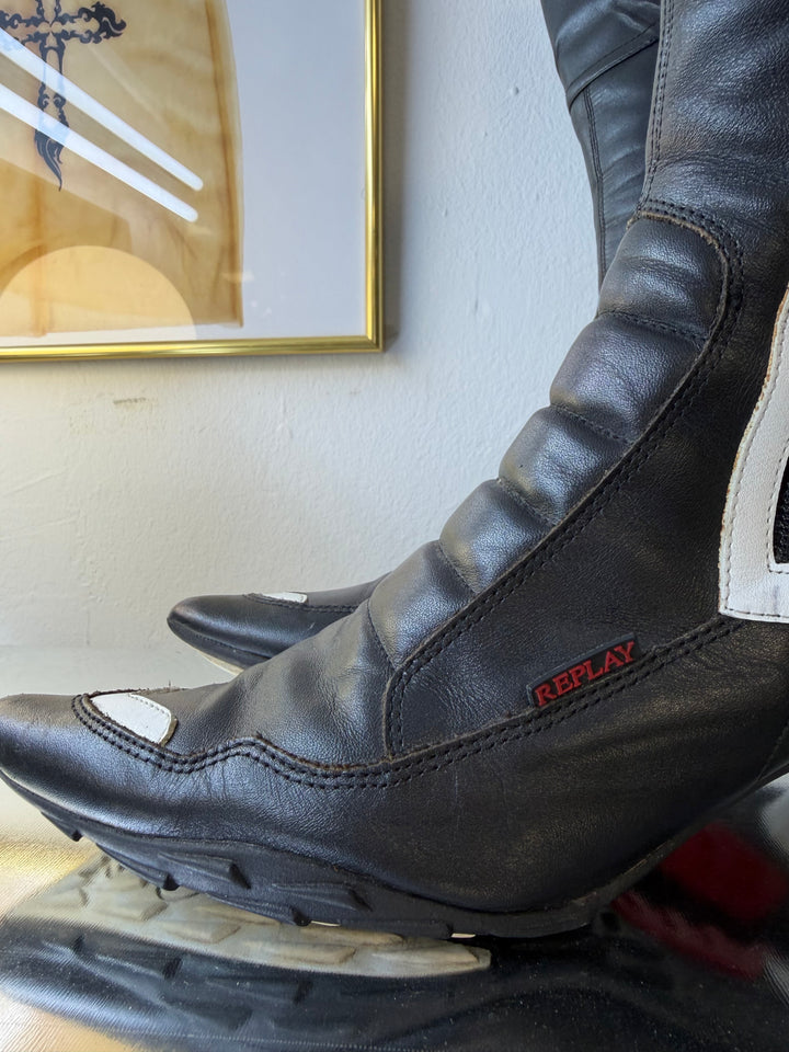 REPLAY Moto Heeled Boots 2000s Black & White Leather EU37