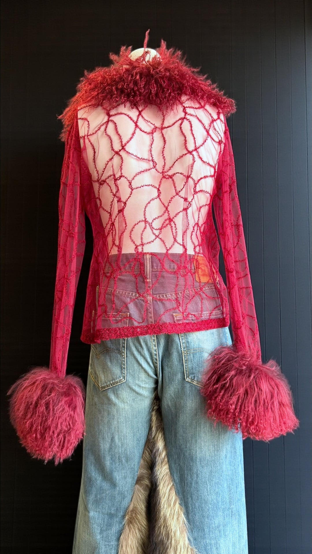2000s sheer wool blend jacket with curly-fur collar & cuffs small