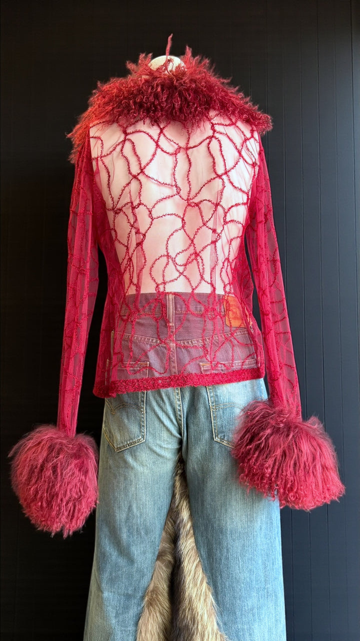 2000s sheer wool blend jacket with curly-fur collar & cuffs small
