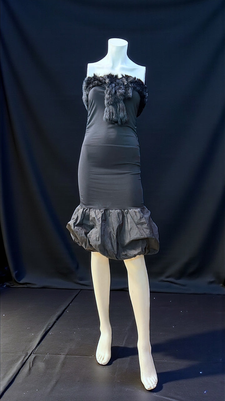 Vintage strapless evening dress with faux fur neckline & balloon hem