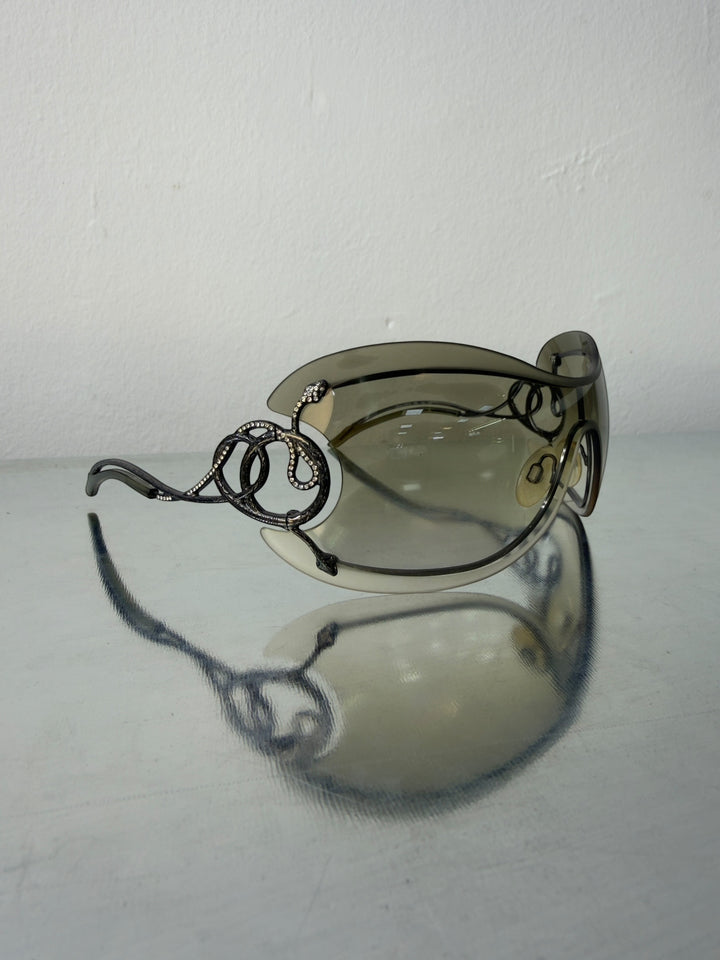 Roberto Cavalli vintage cicno rc223s shield sunglasses grey gradient serpent crystal y2k