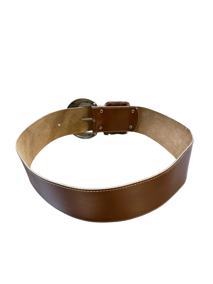 Brown Leather Belt with Fur Detail & Silver Buckle