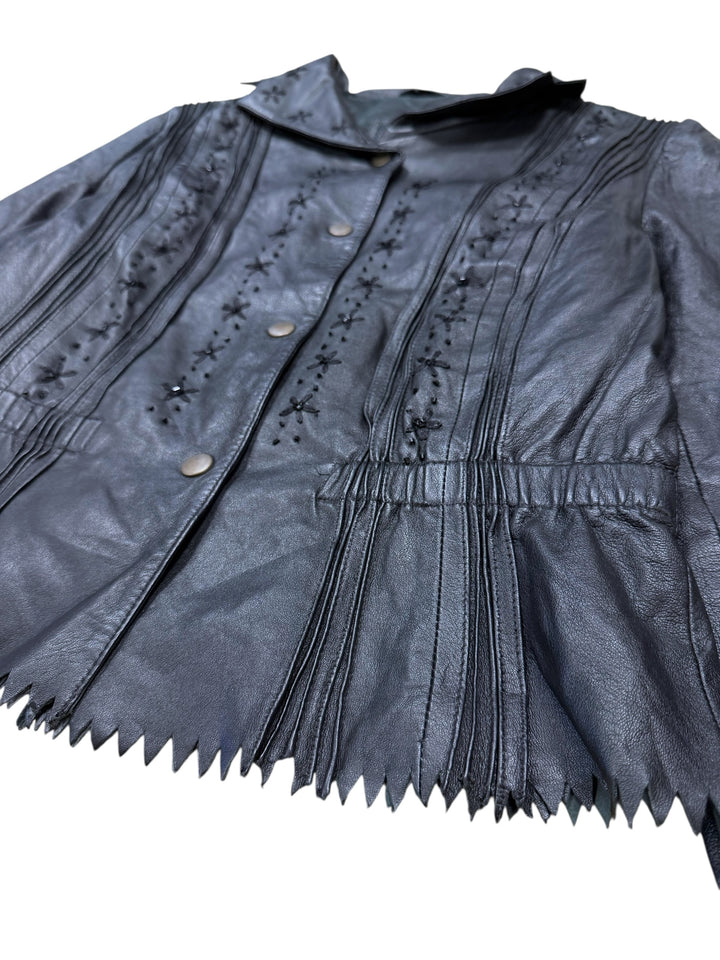 1990s Carla Carini Italy Black Embroidered Leather Jacket Medium