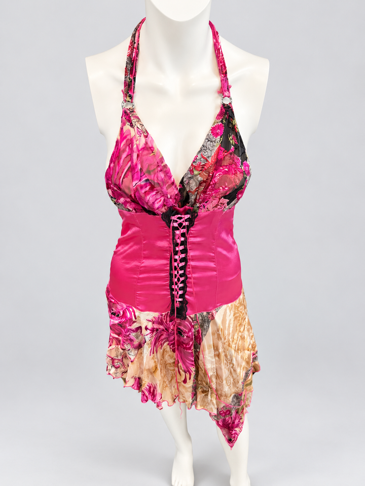 2000s halter asymmetric floral dress