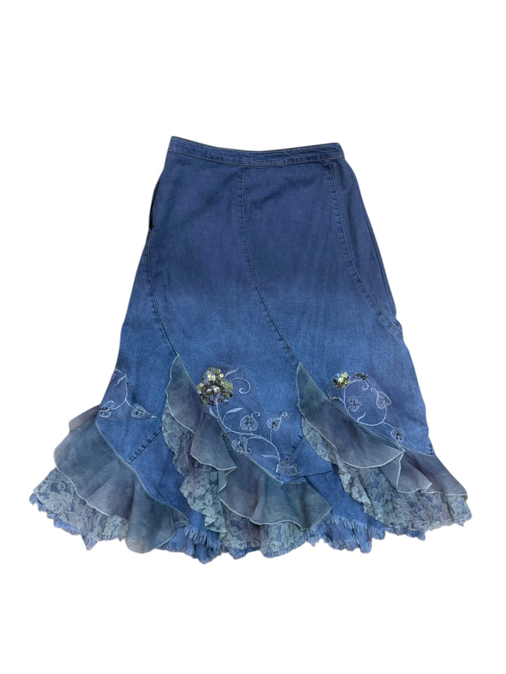2000s embellished denim ruffle skirt (M-L)