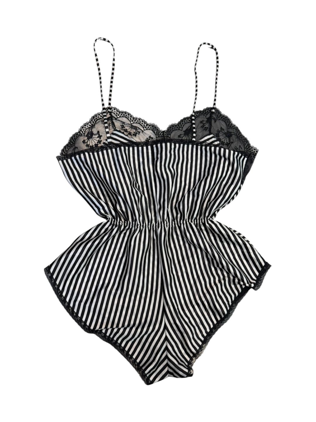 One-piece lingerie bodysuit in black & white stripes with lace details.