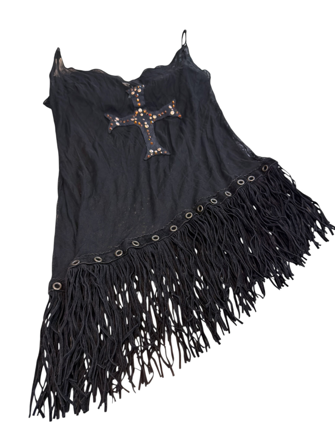 Cinema embellished cross fringe mesh top