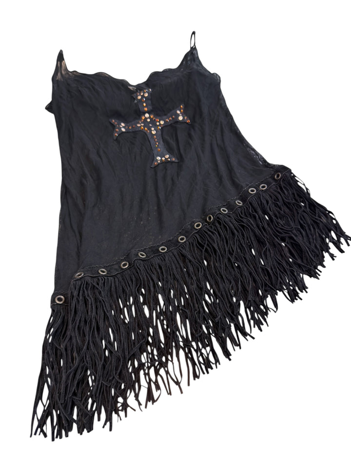 Cinema embellished cross fringe mesh top