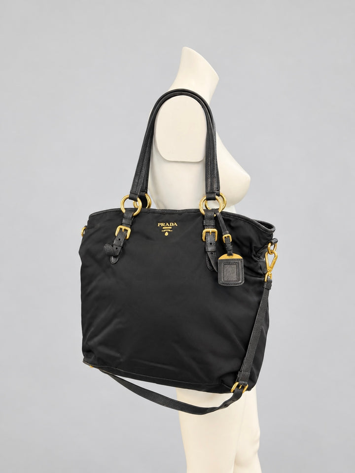 Prada black nylon & leather tote bag