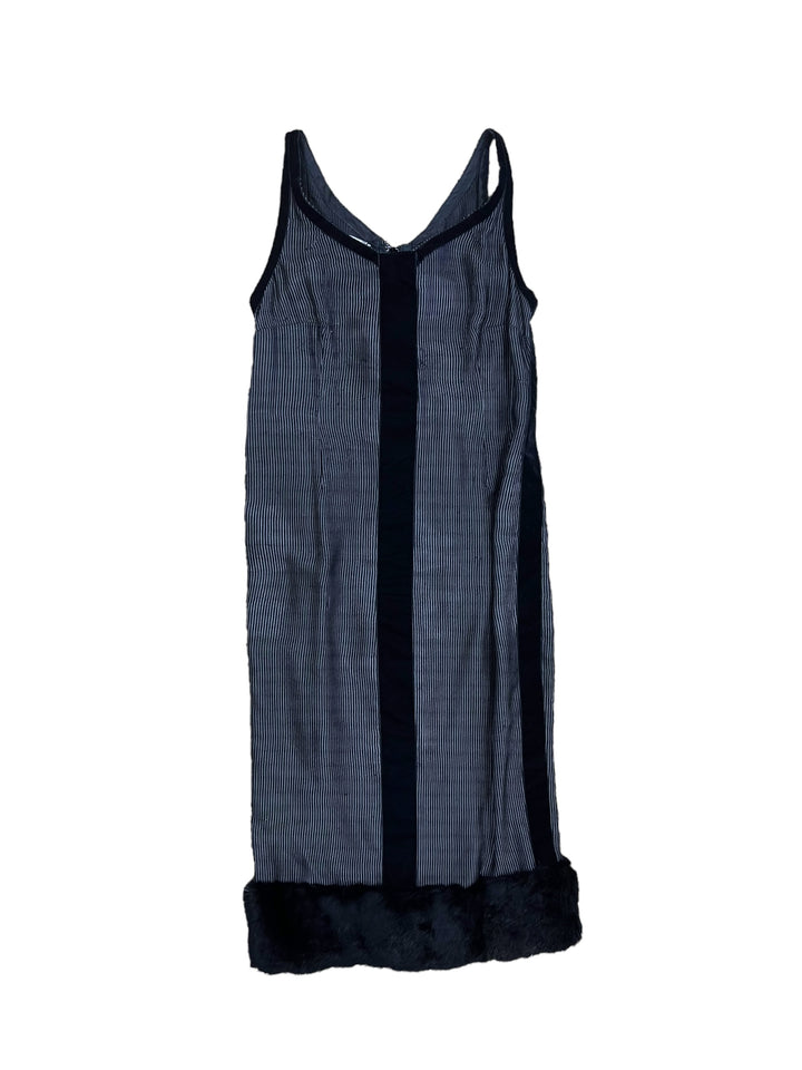 Vintage Pinstripe Slip Dress with Faux Fur Hem S/M