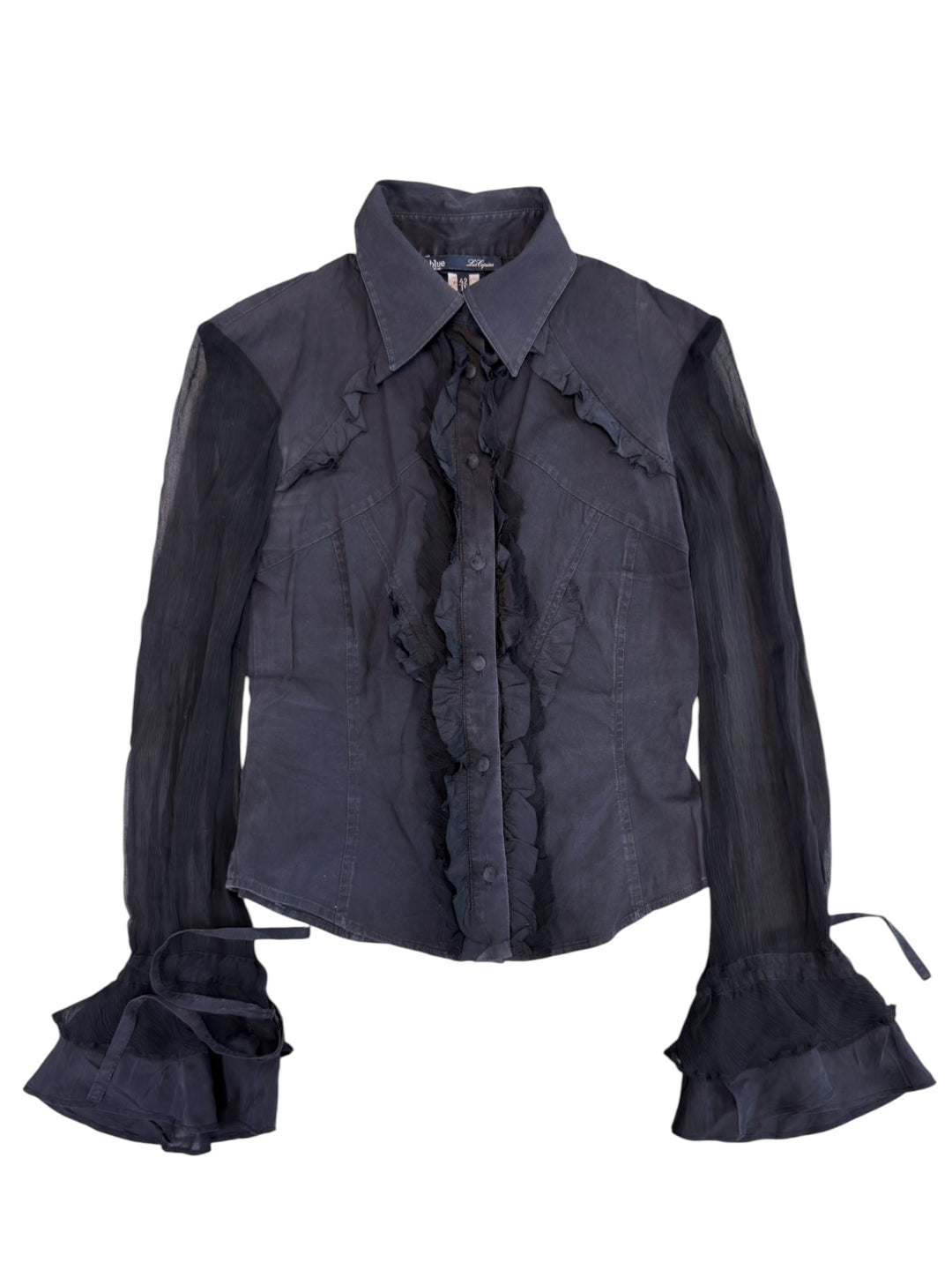 Blue Les Copains ruffle sheer sleeve shirt