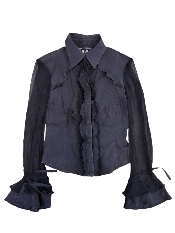 Blue Les Copains ruffle sheer sleeve shirt