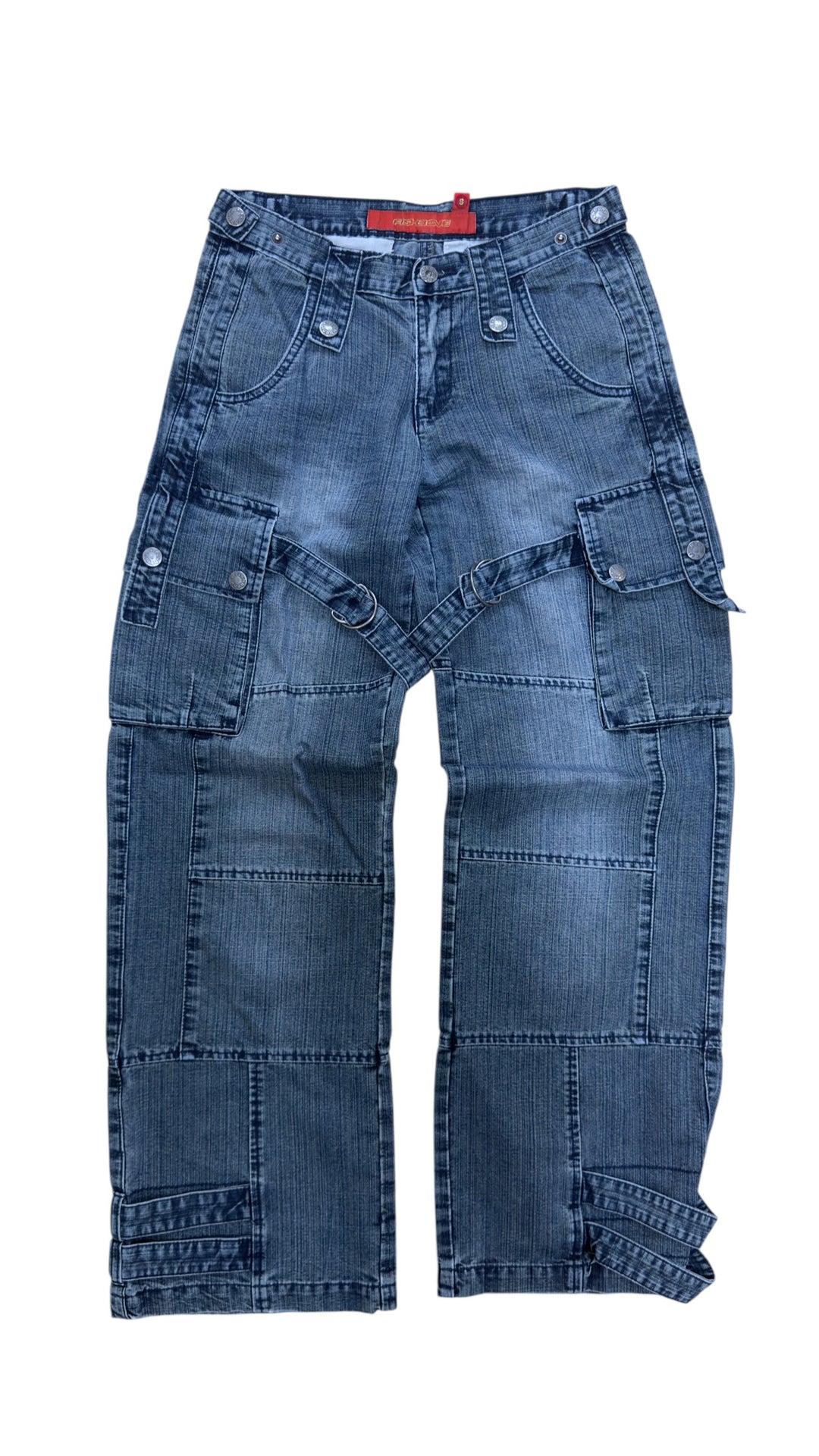 Fishbone denim cargo pants with straps