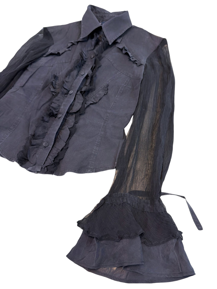 Blue Les Copains ruffle sheer sleeve shirt