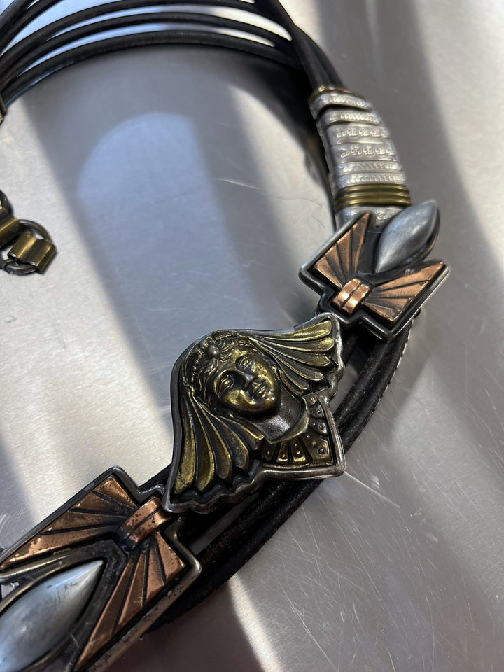 Vintage Egyptian Revival Statement Belt – Black Leather with Mixed Metal Details