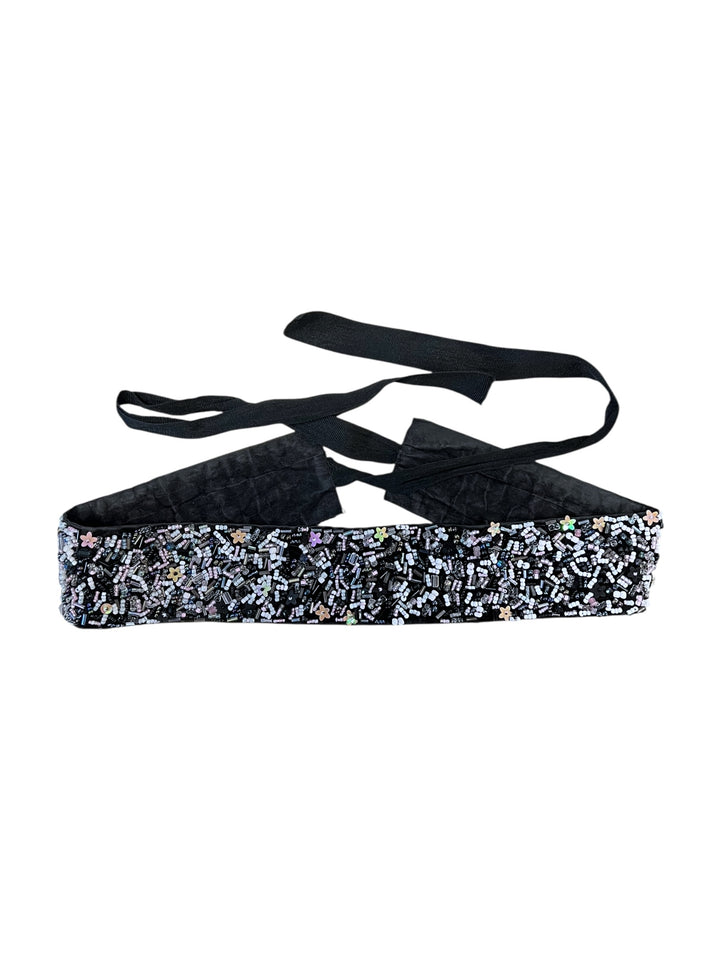 Hand-Beaded Tie Waist Belt with Floral Sequins