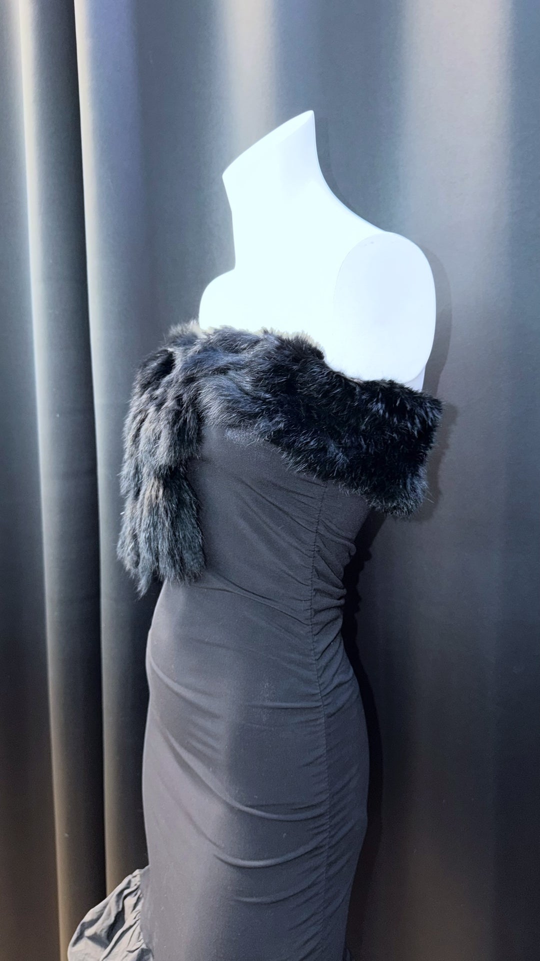 Vintage strapless evening dress with faux fur neckline & balloon hem