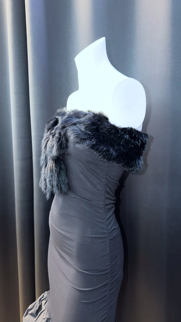 Vintage strapless evening dress with faux fur neckline & balloon hem