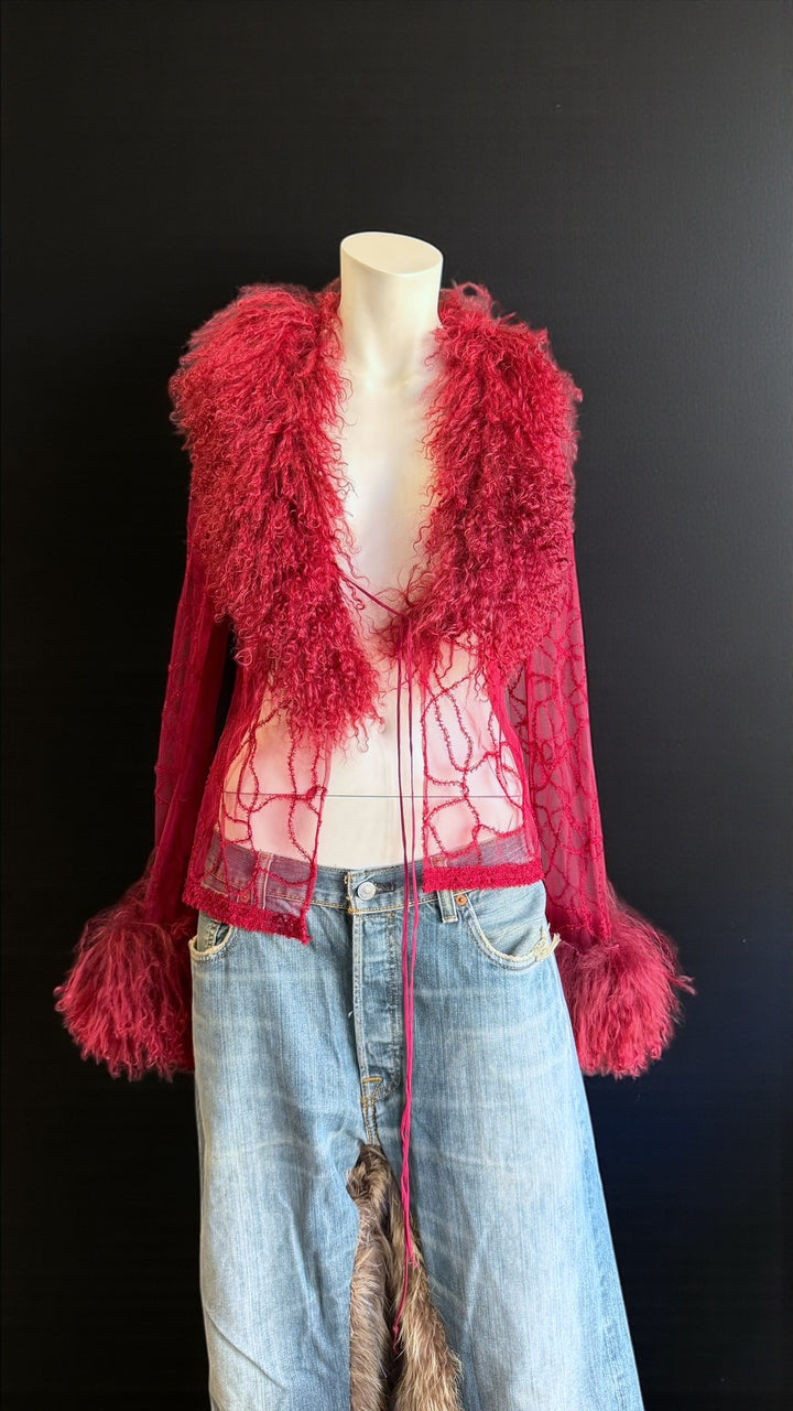 2000s sheer wool blend jacket with curly-fur collar & cuffs small